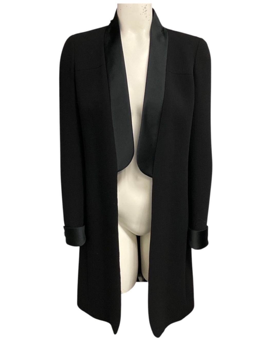 CHANEL BLACK SILK SATIN TRIMMED WOOL TUXEDO STYLE COAT WITH CC LOGO GLOBE BUTTON